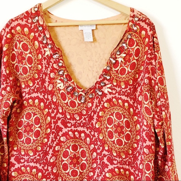 Soft Surroundings Silk Blend Orange Jeweled Geometric Pattern Top - Picture 2 of 5